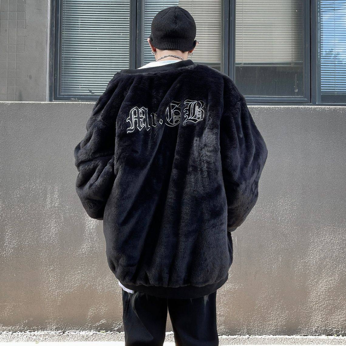 冬季加厚美式复古兔毛字母刺绣棒球服棉服男高街棉衣外套
