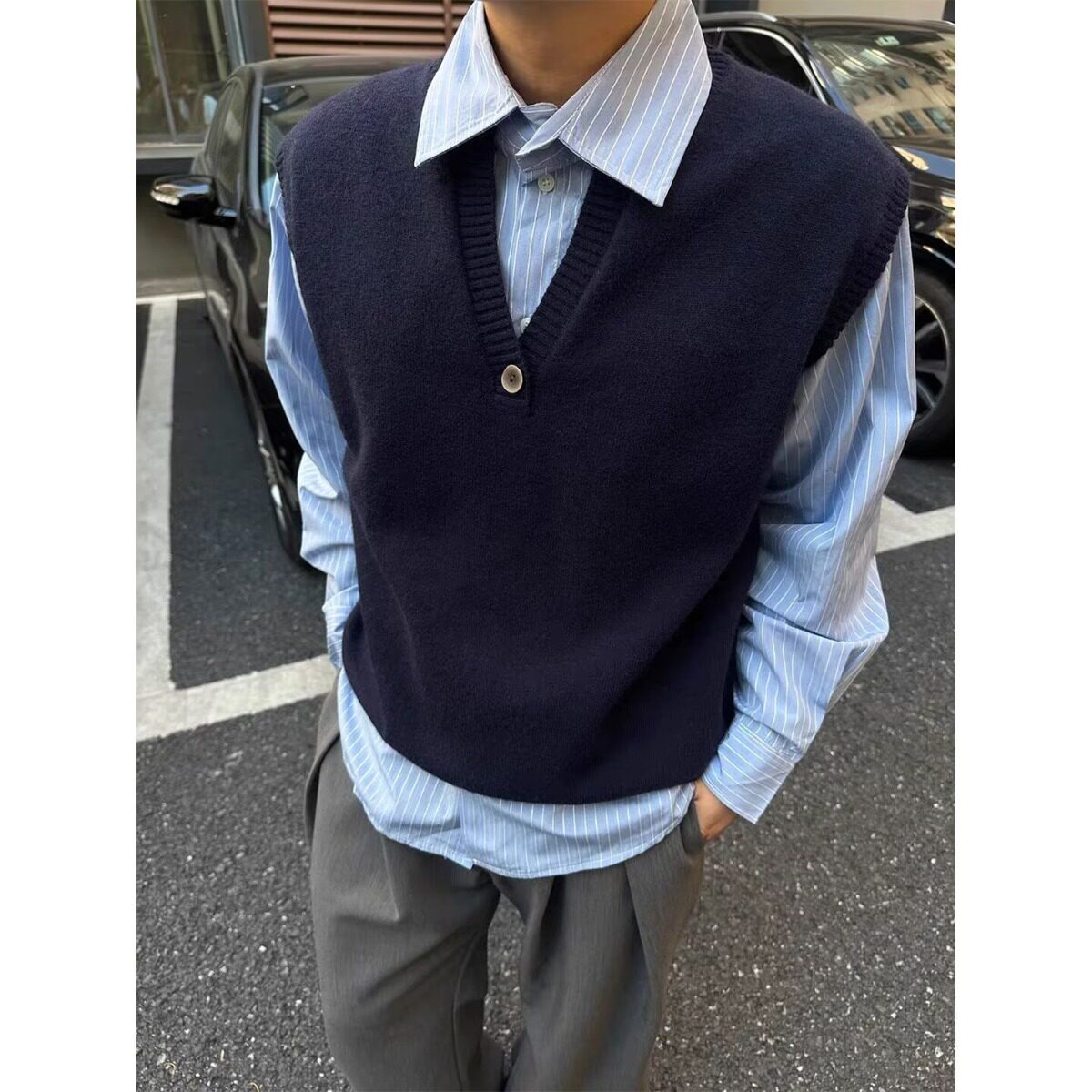 东京岁时记DK秋冬新款花灰色V领套头针织马甲学院风无袖背心马夹