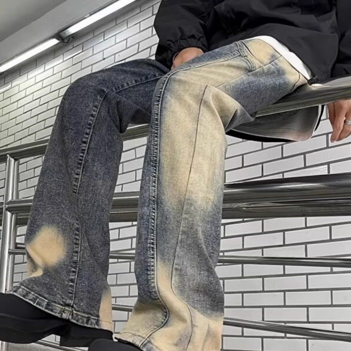 小众美式vibe裤子高街水洗做旧扎染渐变牛仔裤男款不贴腿微喇裤