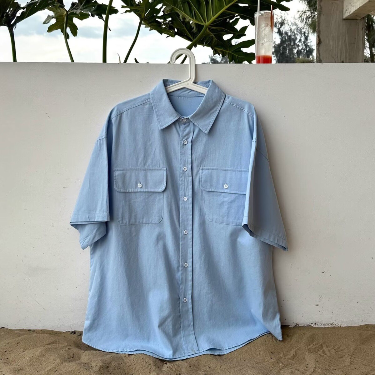 蓝色短袖衬衫夏季工装休闲百搭痞帅简约纯色宽松中性ins衬衣潮ins