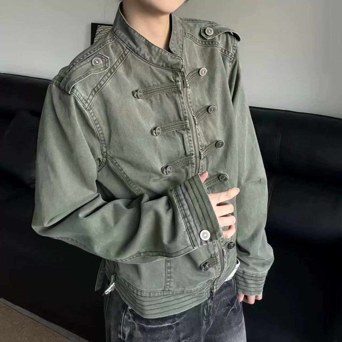 美式复古立领双排扣拿破仑外套男女设计感宫廷风修身做旧牛仔夹克
