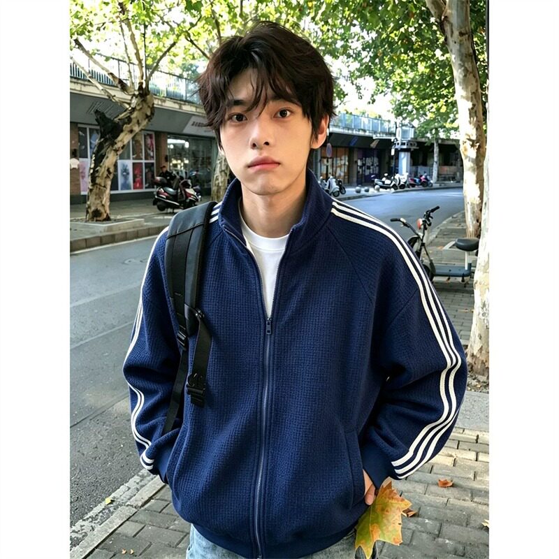 克莱因蓝色龙鳞条纹开衫外套男秋季设计感立领卫衣美式情侣款夹克