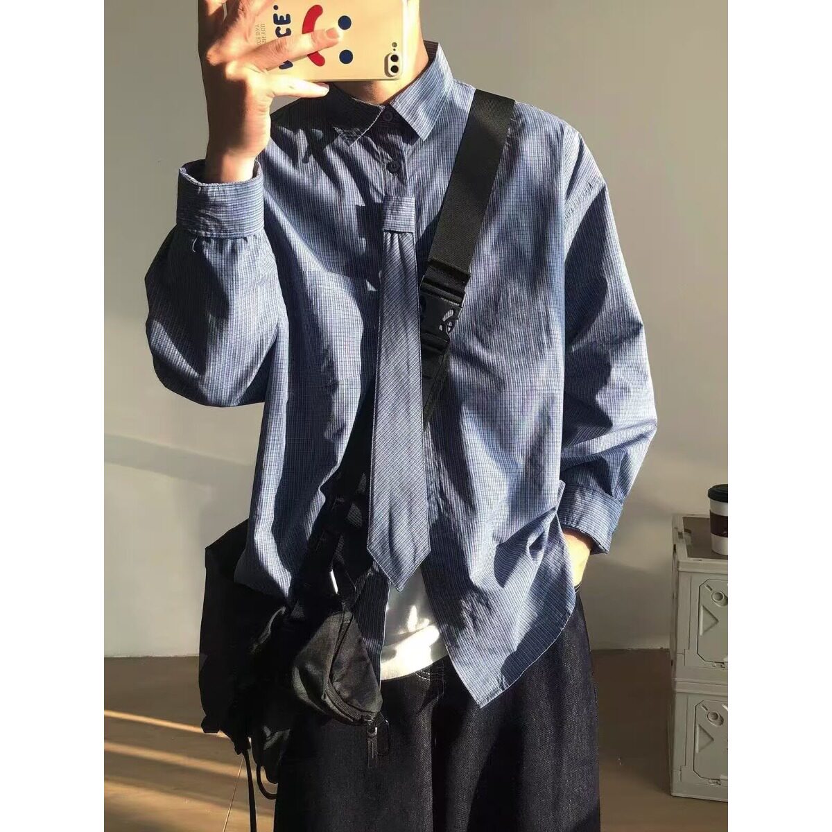 复古经典牛精纺韩版翻领衬衫男港风大码长袖休闲情侣修身纯色衬衣