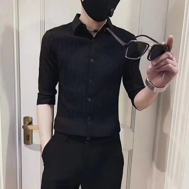 七分袖衬衫男痞帅2025夏季半袖潮流短袖上衣修身中袖冰丝条纹衬衣
