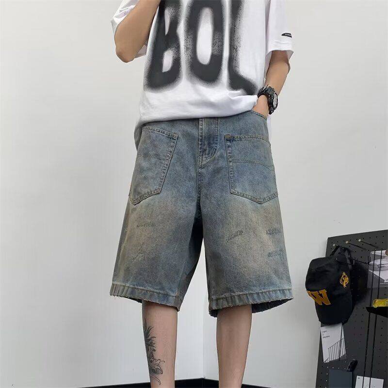 vibe高街复古做旧蓝五分中裤男女夏季设计感小众宽松阔腿牛仔短裤