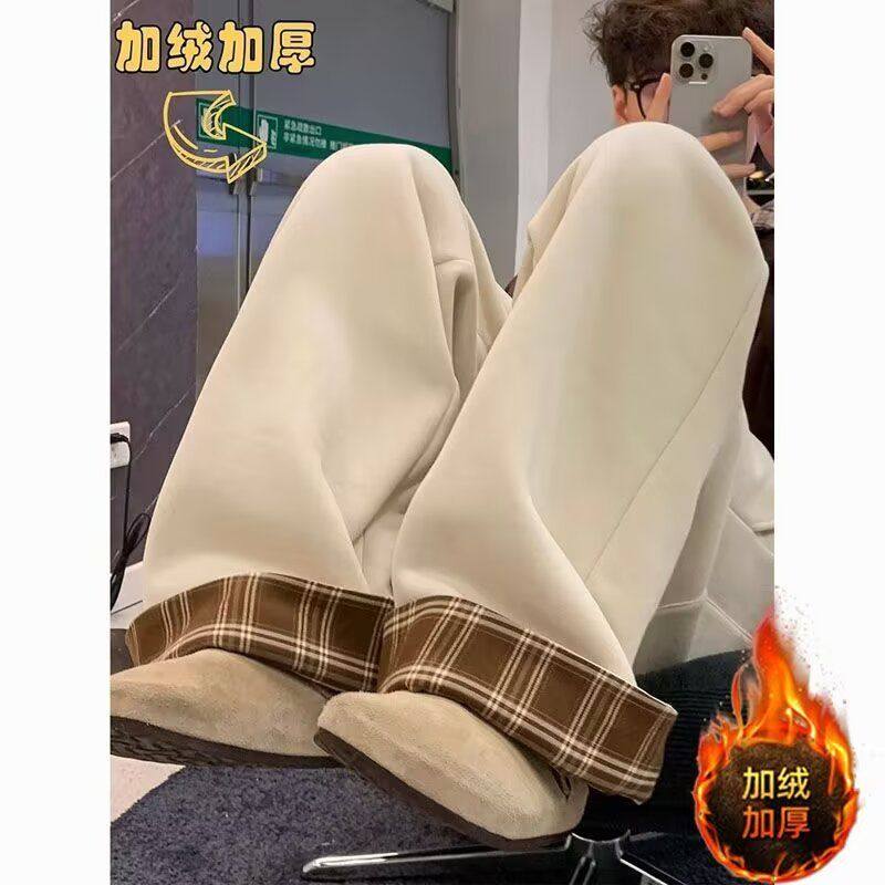 日系潮牌卡其色裤子男夏季冰丝裤休闲九分直筒宽松翻边格子工装裤