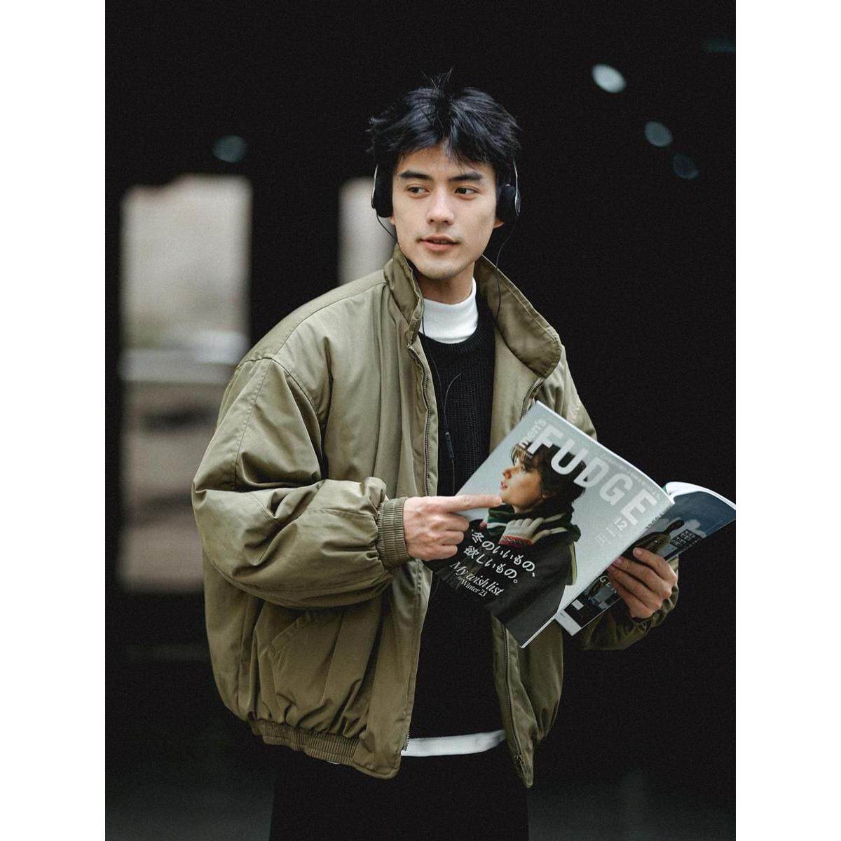 秋冬季复古纯色廓形立领工装棉衣男日系保暖飞行员夹克棉服