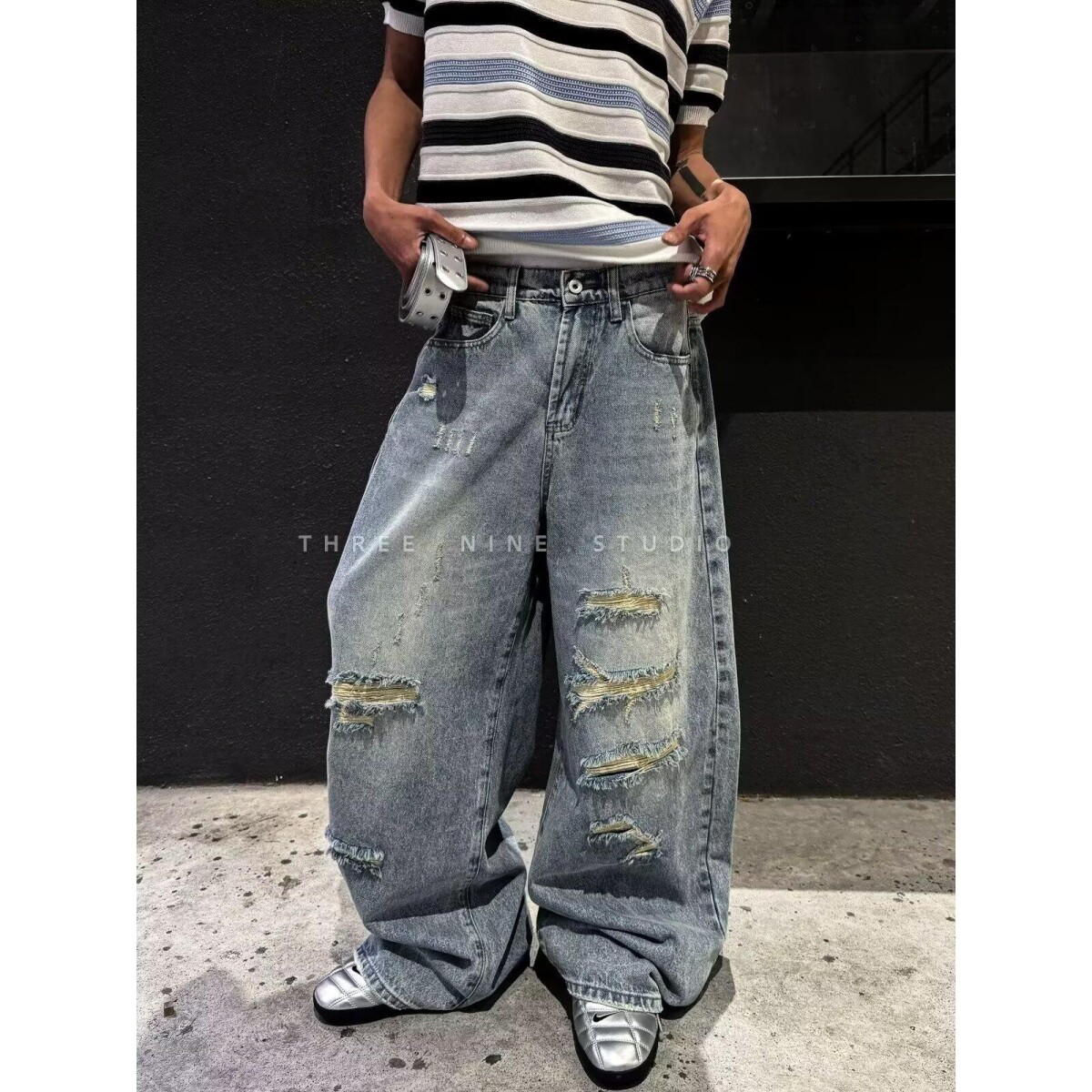 春秋假破洞牛仔裤男式微弹直筒修身补丁休闲裤潮流痞帅气百搭长裤