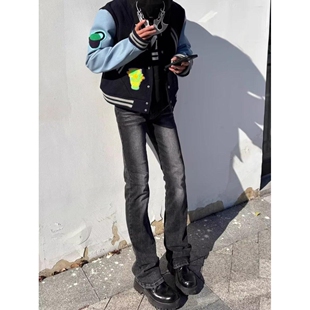 复古黑色微喇牛仔裤男士秋冬款宽松直筒裤子潮流美式高街vibe长裤