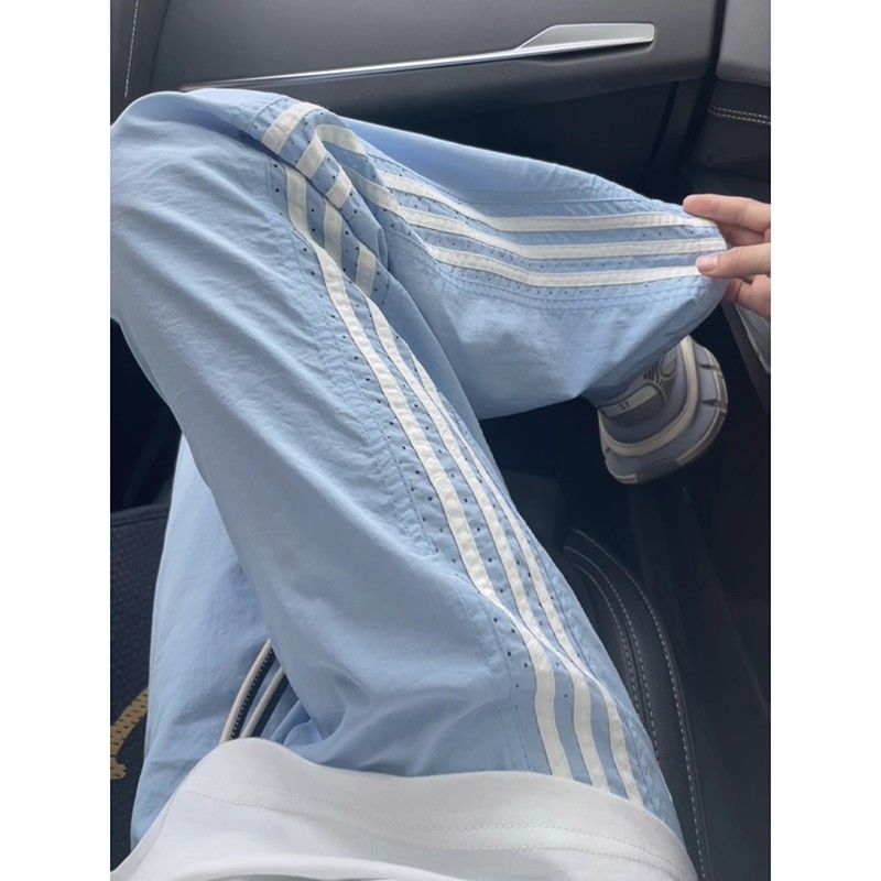 尼龙速干裤男女款夏季户外防晒网眼透气三条杠裤子休闲直筒运动裤