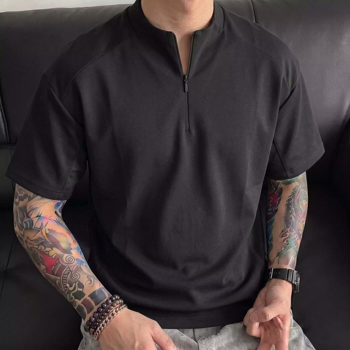 日系暗黑风复古宽松立领大袖短袖衬衫男廓形痞帅小众慵懒风发型师
