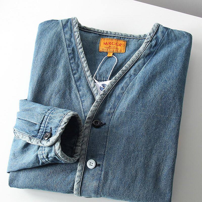 复古水洗牛仔秋季男士开衫原宿V领工装夹克外套