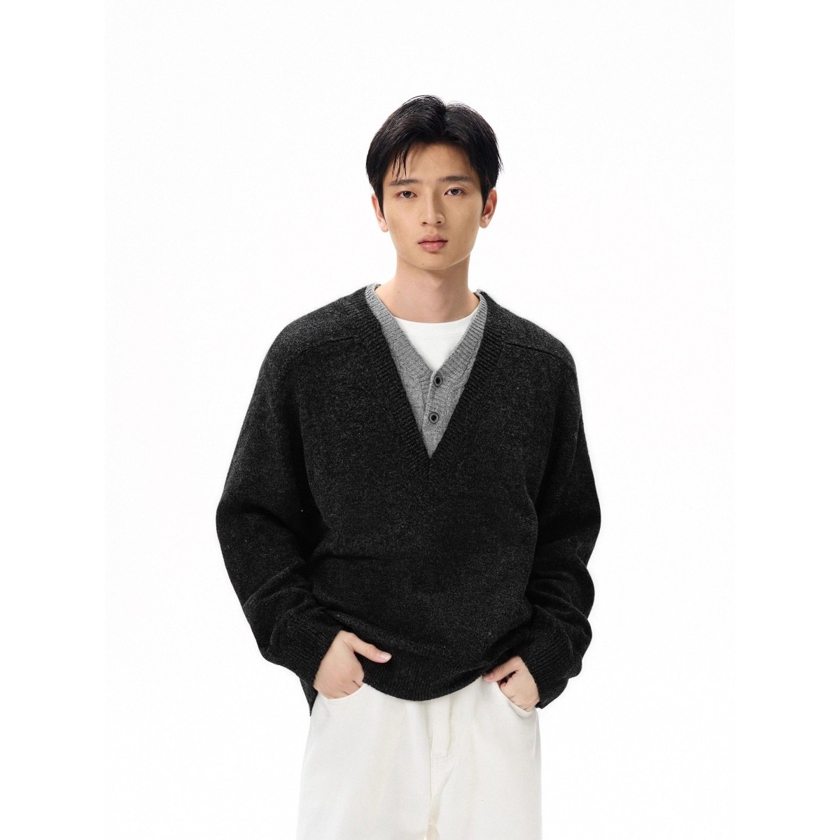 深灰色假两件V领毛衣男款秋冬美式覆古针织衫老钱风慵懒开衫外套