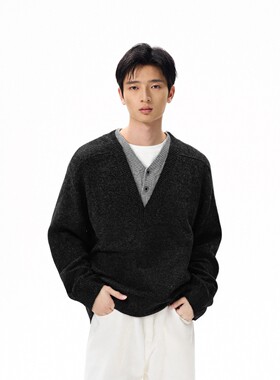 深灰色假两件V领毛衣男款秋冬美式覆古针织衫老钱风慵懒开衫外套