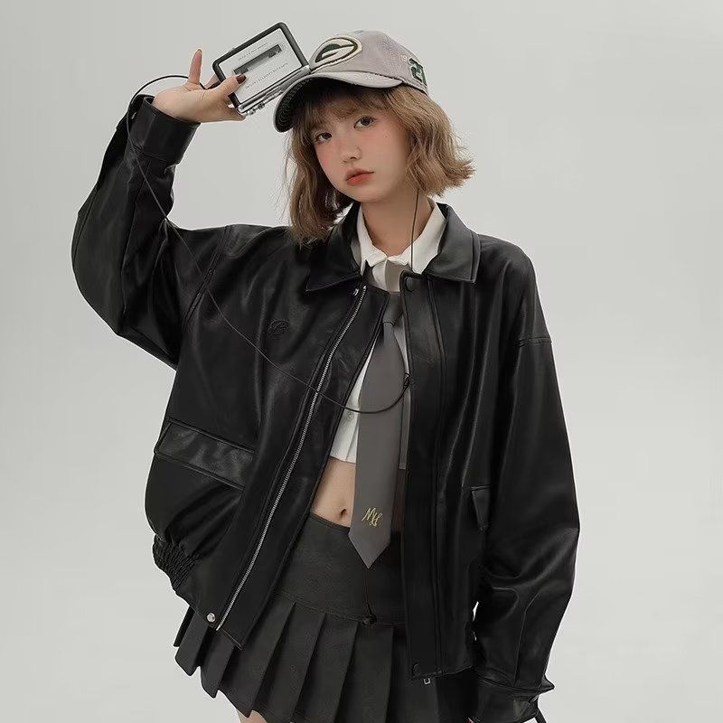 欧美街头潮流宽松机车服皮衣男潮痞帅气高级感飞行员PU皮夹克外套