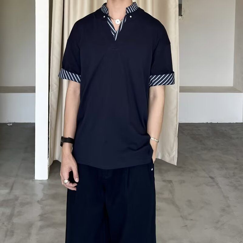 英伦风商务休闲碎花拼接短袖POLO衫男欧版宽松港风青年翻领T恤潮