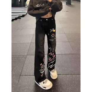 春秋季美式复古牛仔裤男女款oversize个性涂鸦设计宽松直筒裤子男