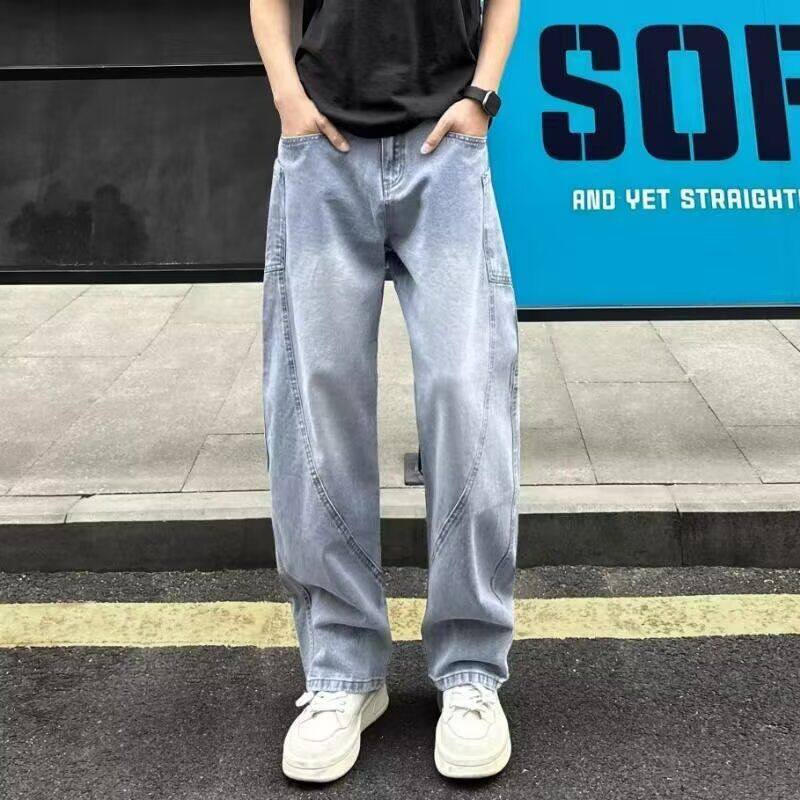 蓝色斜切弯刀牛仔裤男款夏季美式高街vibe裤子窄版显瘦直筒工装裤