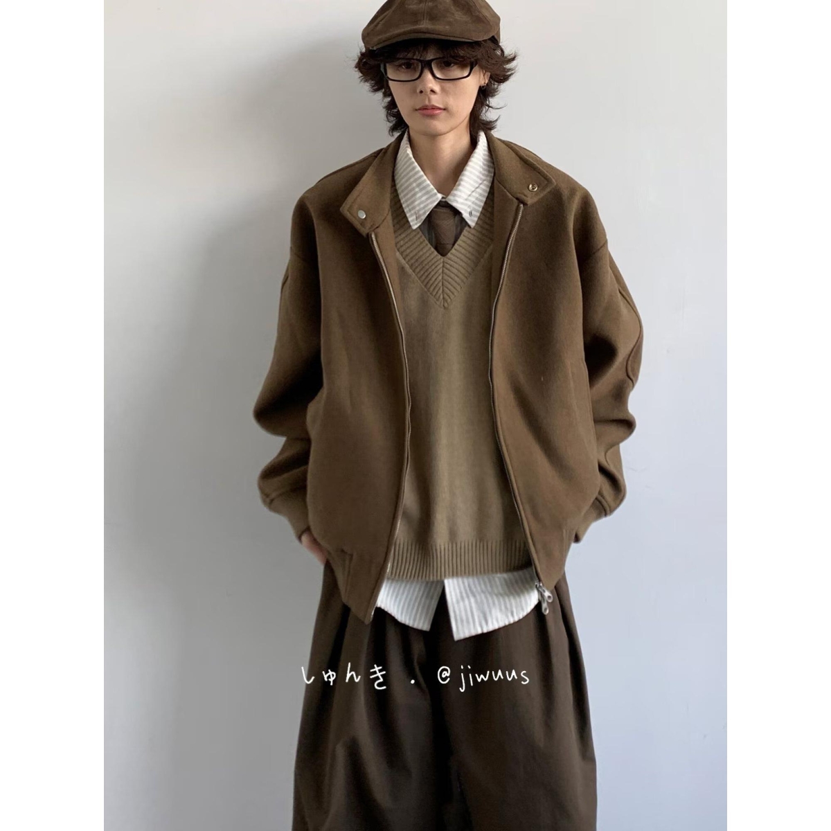 春秋套装日系复古立领插肩拉链夹克男女宽松休闲美拉德竖纹外套