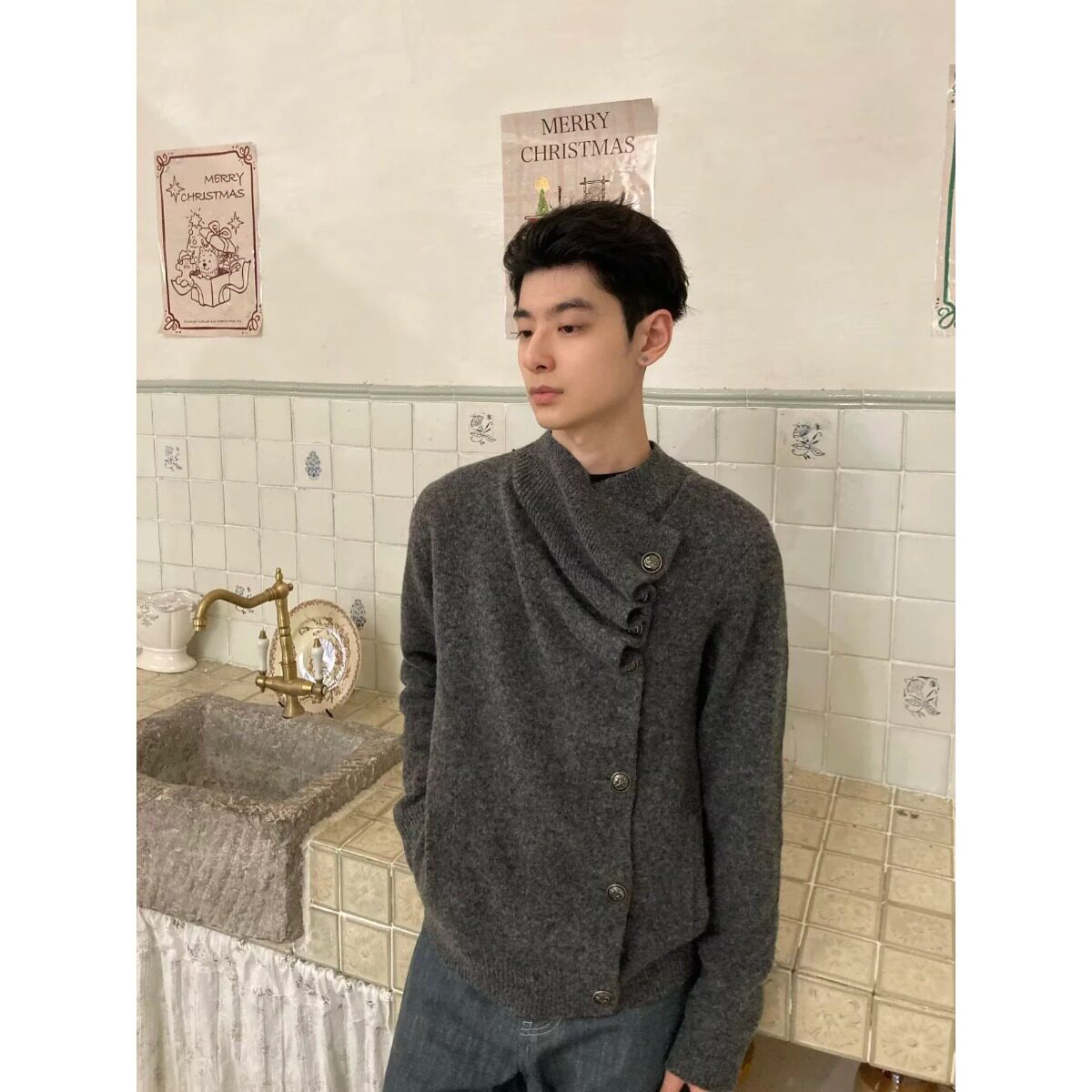 老钱风开衫复古连帽纽扣毛衣男女秋冬慵懒松弛感短款百搭针织外套