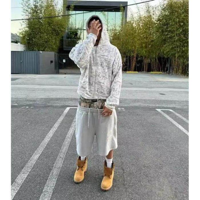 欧美跨境街头迷彩双腰头拼接卫裤七分裤嘻哈休闲刺绣运动短裤男女