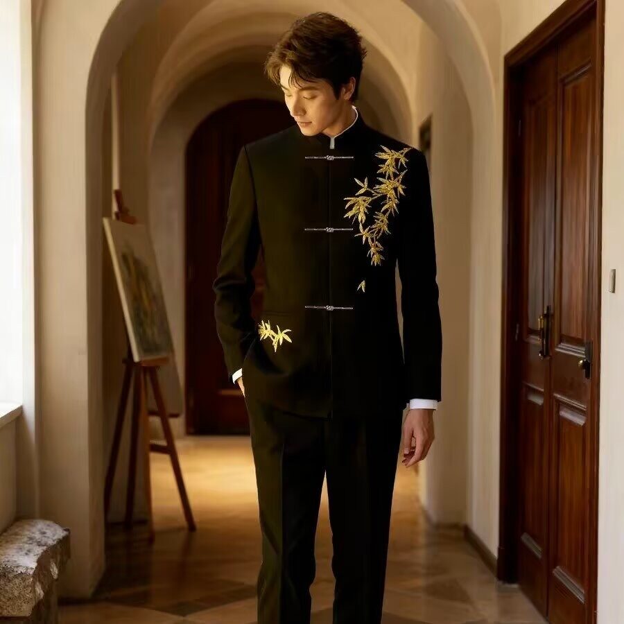 出租男士新中式国风西装订婚结婚敬酒礼服中山装新郎婚礼服装定制