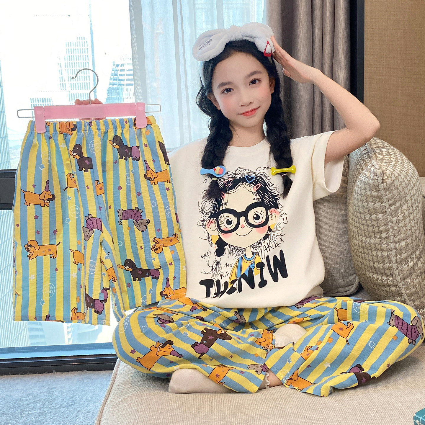 2026新款儿童睡衣夏季三件套纯棉薄款短袖女孩中大童公主风家居服