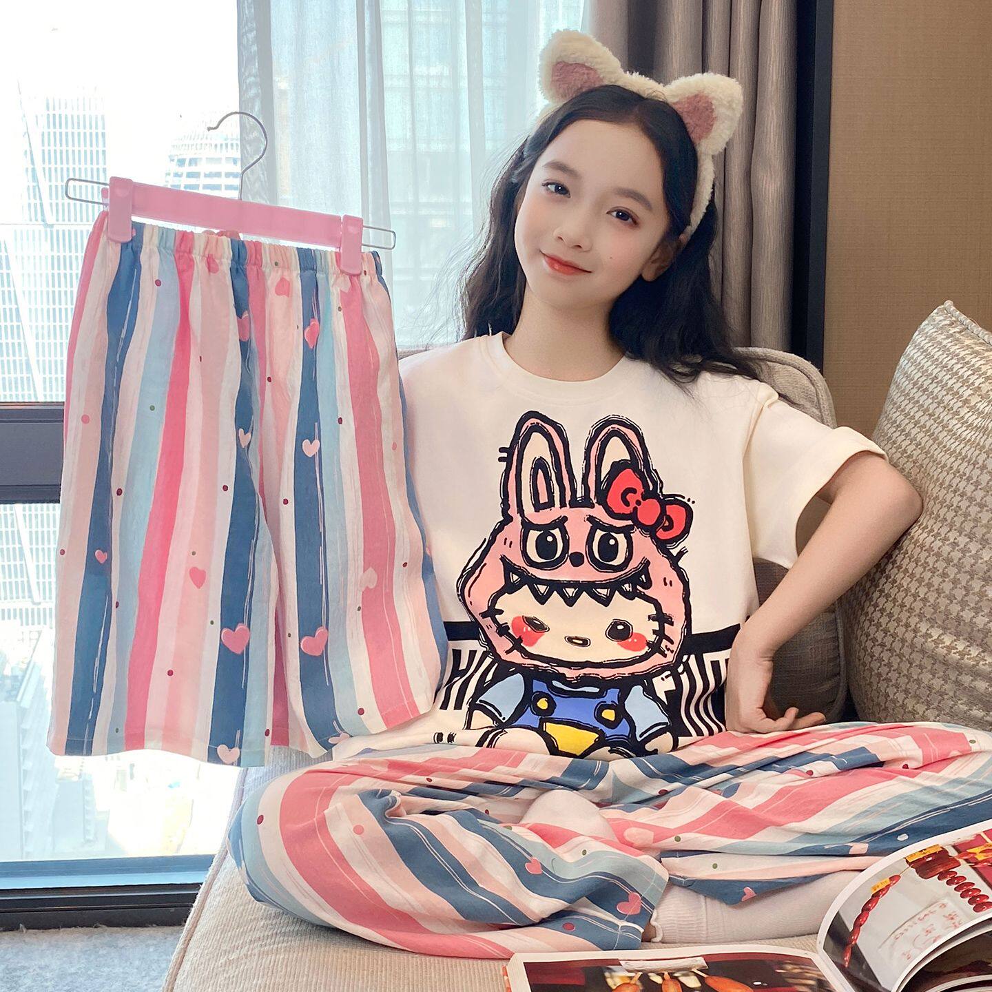 女童睡衣夏季纯棉三件套2026新款薄款短袖女孩初中生网红家居服