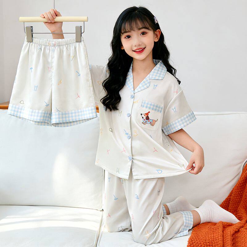 女童睡衣夏季儿童冰丝薄款短袖三件套2026新款女孩公主洋气家居服