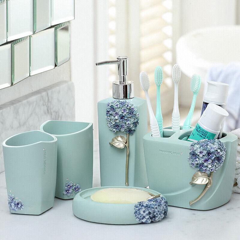 欧式田园创意洗漱树脂装饰卫浴五件套美式浴室用品牙杯漱口杯托盘
