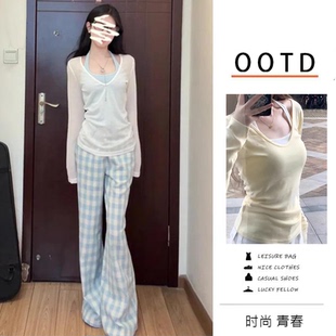 夏季 甜美学院风小众显瘦三件套V领防晒罩衫 吊带背心女 宽松直筒裤