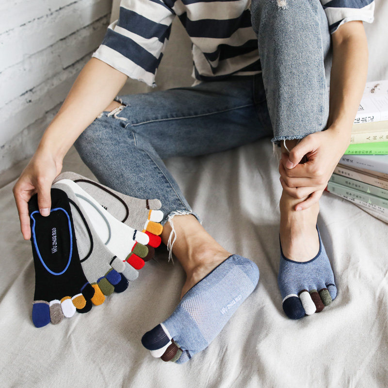 夏季男袜子隐形五指袜船袜 新疆纯棉网眼透气超薄浅口彩指5双包邮