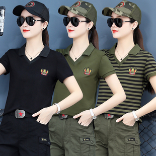 迷彩服短袖T恤女上衣夏季新款翻领刺绣黑色薄款显瘦水兵舞服半袖
