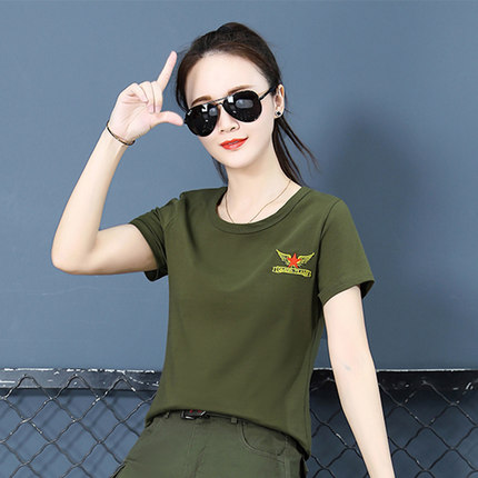 军绿短袖t恤女圆领上衣夏季新款运动黑色半袖大码显瘦休闲水兵舞