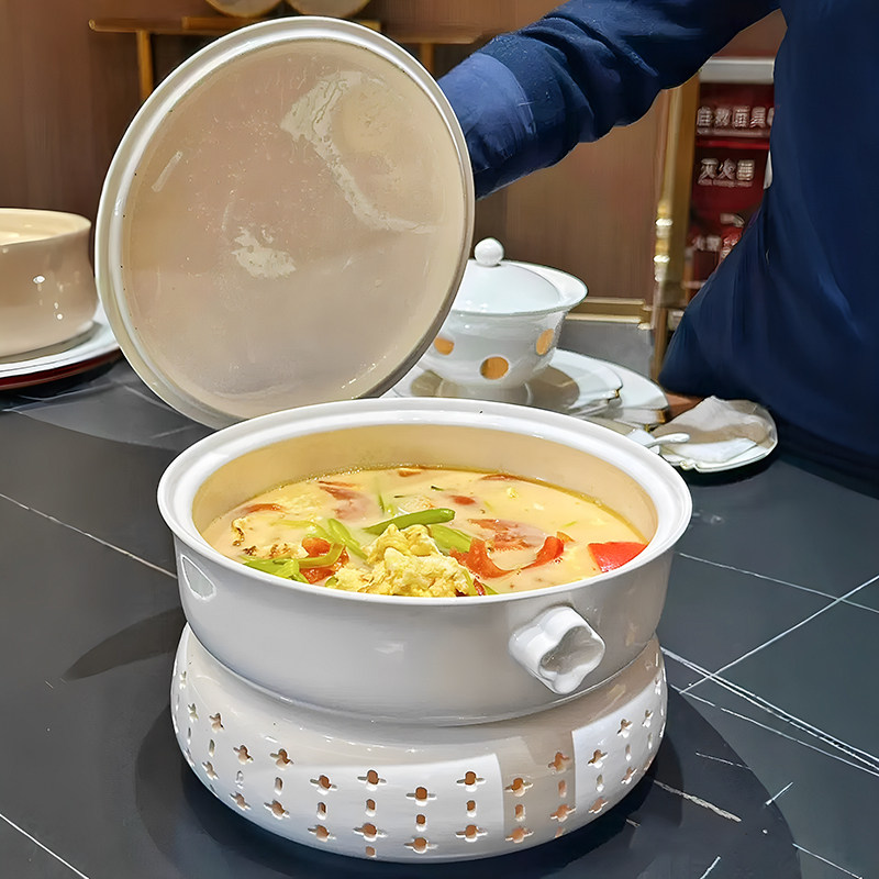 酒店陶瓷圆形深盘纯白汤盘蜡烛保温加热双耳直身盘子热菜餐具汤煲