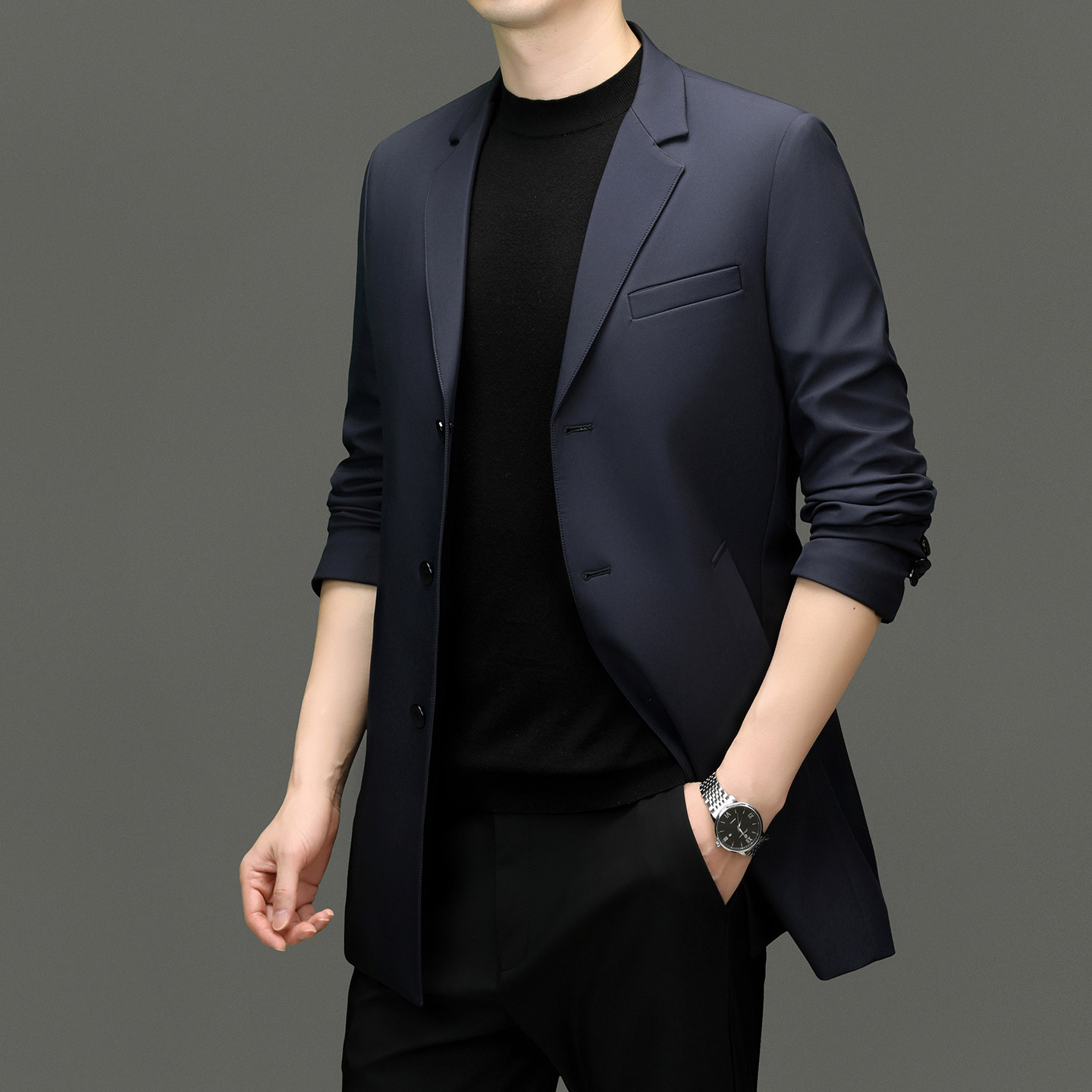 2026新款恒源祥男装春季风衣中长款西装领休闲后开衩单排扣外套