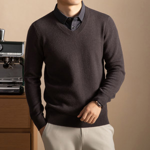 恒源祥毛衣男士新款100全羊毛衣假两件秋冬加厚商务衬衫领针织衫