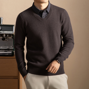 恒源祥毛衣男士新款100全羊毛衣假两件秋冬加厚商务衬衫领针织衫