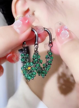 高级感绿色水晶串珠耳环女2023年新款爆款设计感气质时尚显白耳饰