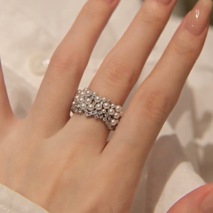 满天星繁星珍珠水钻戒指小众设计锆石珍珠戒指气质高级感轻奢时尚