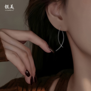 新款s999足银长款线条耳环女小众轻奢简约耳饰2025纯银养耳洞耳线