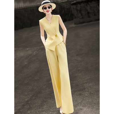 气质无袖V领马甲阔腿裤两件套