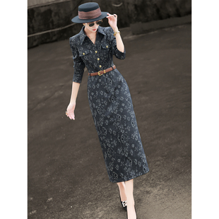 兰瑟儿2026春季 气质高级感复古衬衫 裙长袖 印花直筒牛仔连衣裙 新款