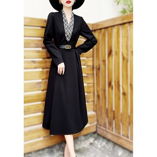 气质名媛收腰显瘦系带撞色拼接长袖 新款 V领连衣裙 兰瑟儿春季 女装
