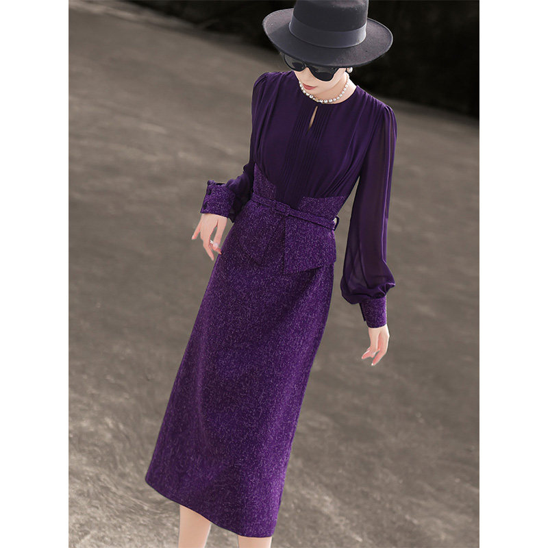 兰瑟儿2026春季新款气质名媛假两件拼接长袖修身显瘦紫色连衣裙女