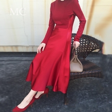 拼缎面欧美气质打底裙中长款 连衣裙女 红色长袖 新款 2019秋季 女装