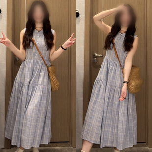气质格纹中长裙 2025年夏季 新款 学院风无袖 背心连衣裙少女甜美时尚
