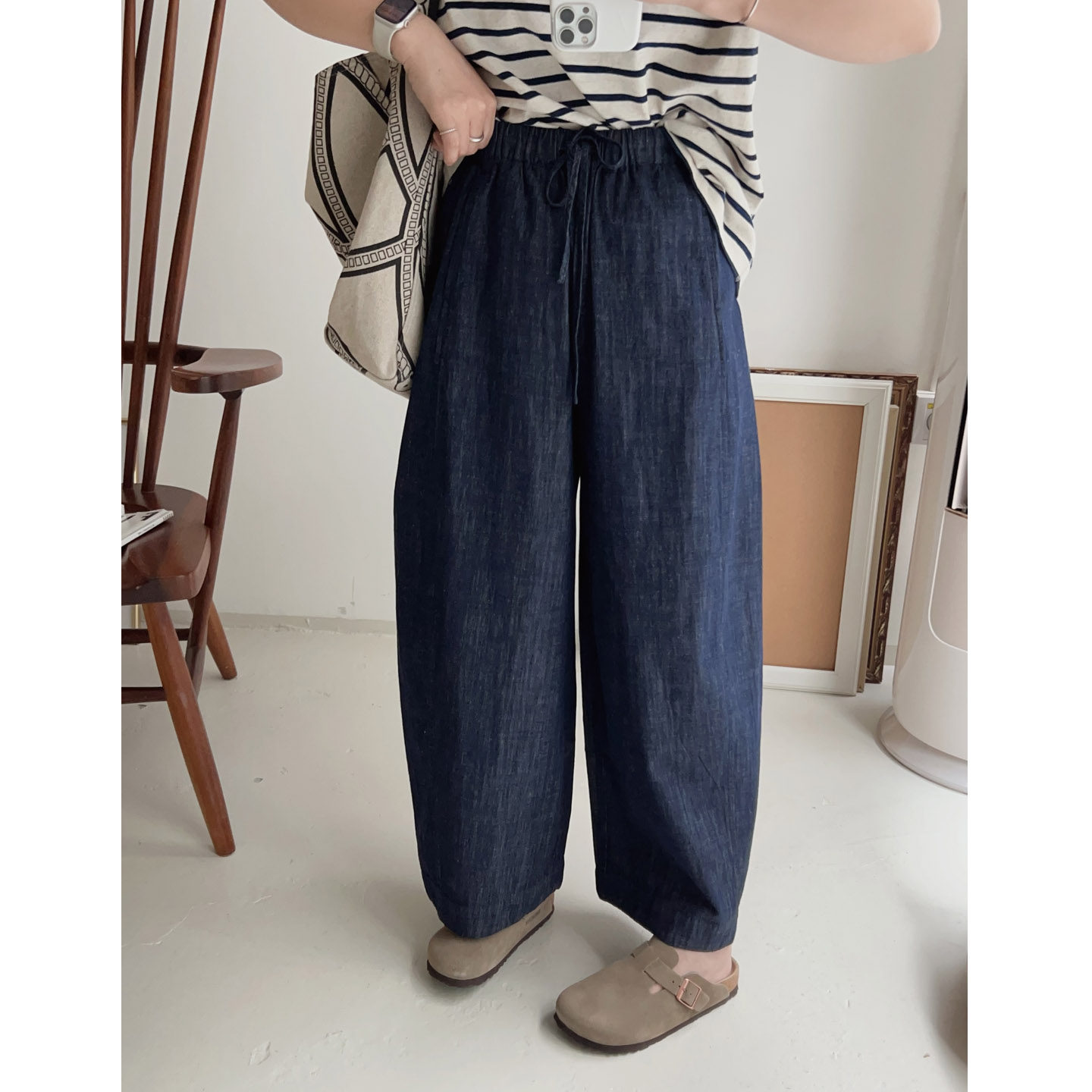 日系宽松 自留显瘦牛仔奶奶裤防掉色薄款水洗棉麻九分牛仔裤女夏