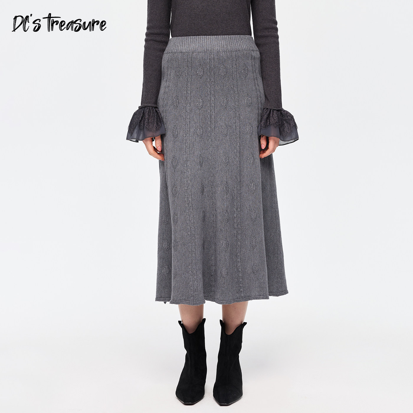 极简风灰色中长款A字半身裙女秋冬新款羊毛混纺显瘦大摆裙
