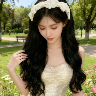 实力韩系小蝴蝶结一体式 发箍半头套女士自然大波浪长卷发假发